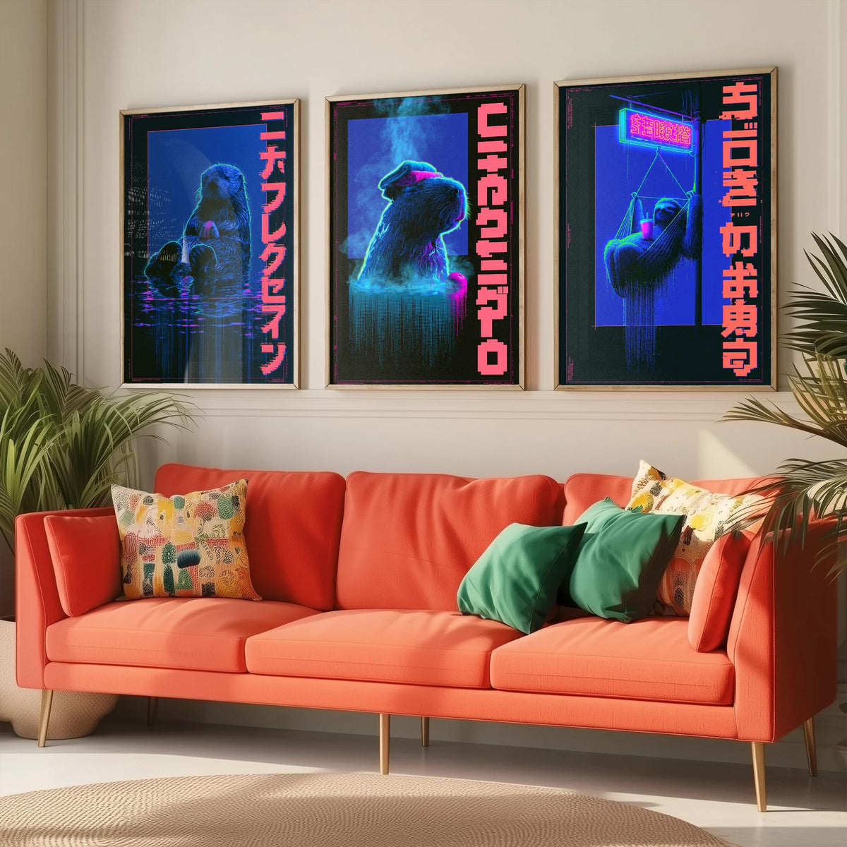 Cyberpunk Lazy Animals Set of Three Art Prints - Sea Otter, Capybara and Sloth in Neon Tokyo - Japanese Synthwave Poster Illustrations V2