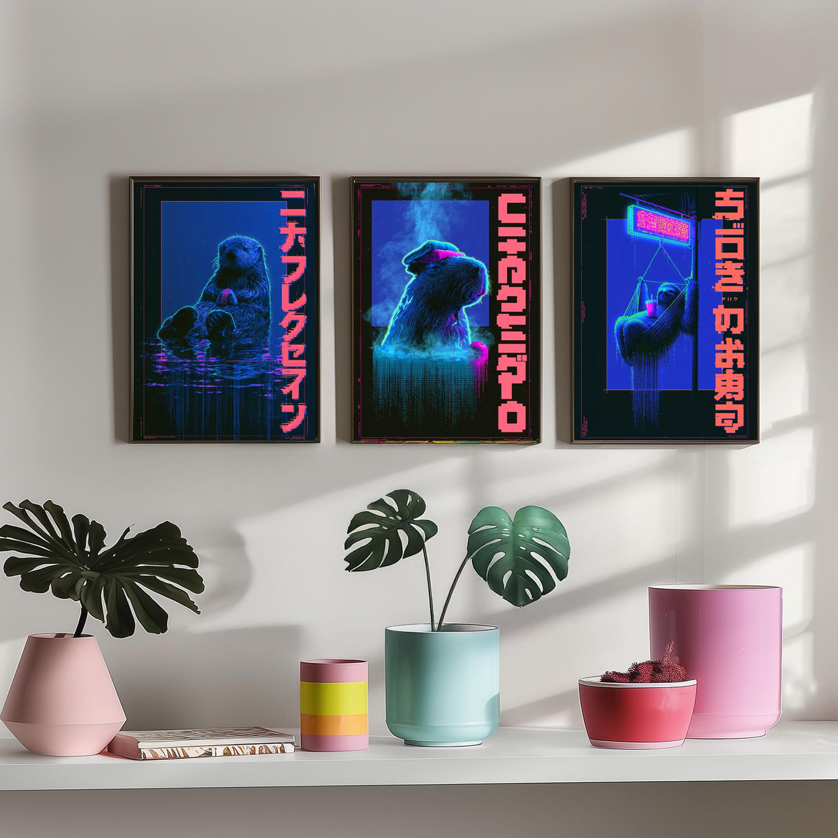 Cyberpunk Lazy Animals Set of Three Art Prints - Sea Otter, Capybara and Sloth in Neon Tokyo - Japanese Synthwave Poster Illustrations V2