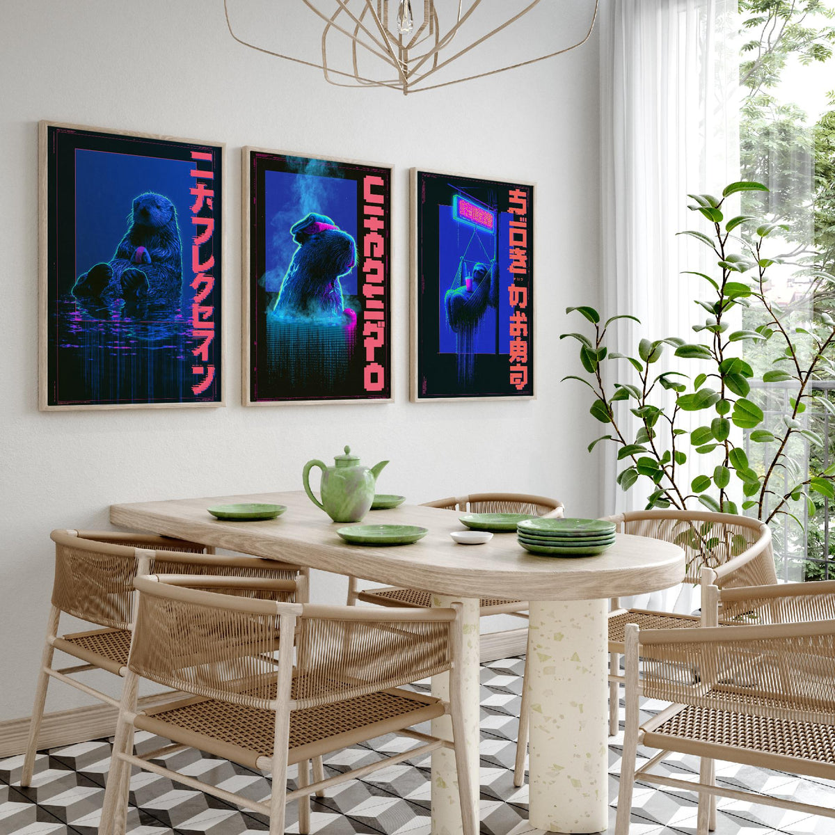 Cyberpunk Lazy Animals Set of Three Art Prints - Sea Otter, Capybara and Sloth in Neon Tokyo - Japanese Synthwave Poster Illustrations V2