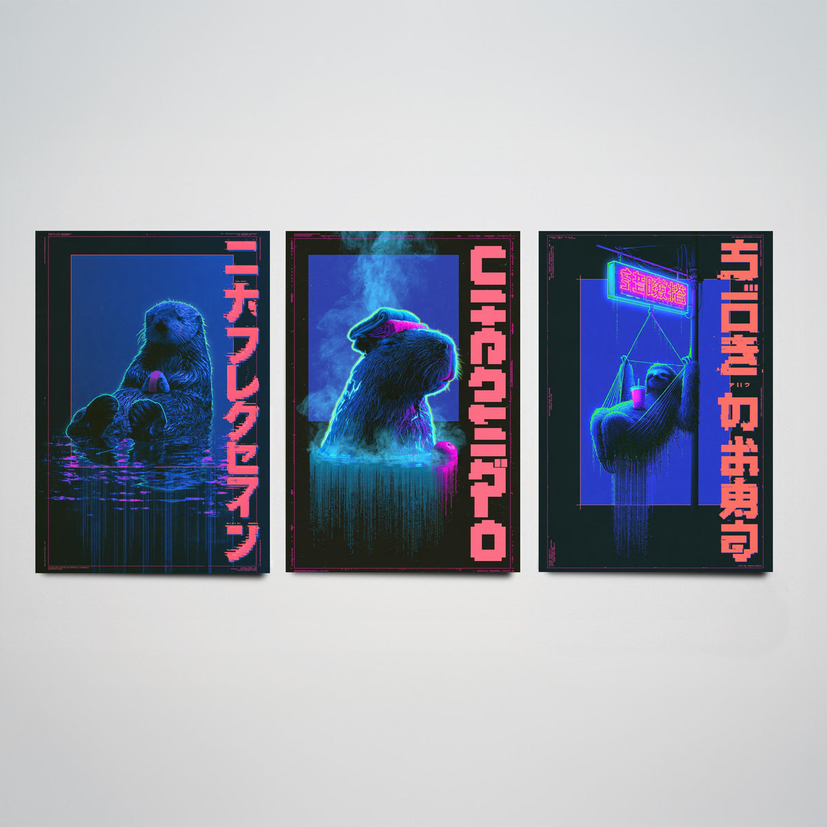 Cyberpunk Lazy Animals Set of Three Art Prints - Sea Otter, Capybara and Sloth in Neon Tokyo - Japanese Synthwave Poster Illustrations V2