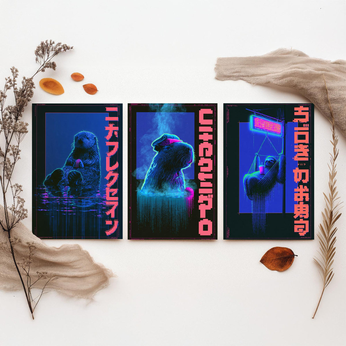 Cyberpunk Lazy Animals Set of Three Art Prints - Sea Otter, Capybara and Sloth in Neon Tokyo - Japanese Synthwave Poster Illustrations V2
