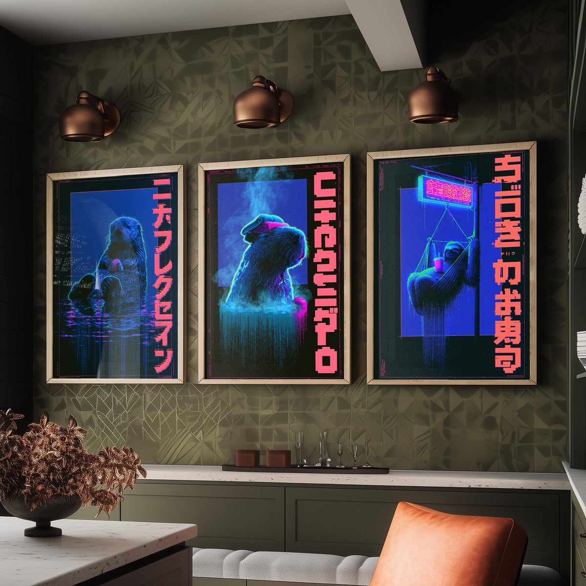 Cyberpunk Lazy Animals Set of Three Art Prints - Sea Otter, Capybara and Sloth in Neon Tokyo - Japanese Synthwave Poster Illustrations V2