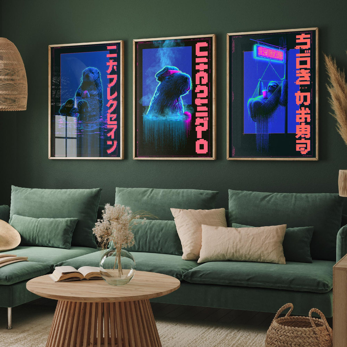 Cyberpunk Lazy Animals Set of Three Art Prints - Sea Otter, Capybara and Sloth in Neon Tokyo - Japanese Synthwave Poster Illustrations V2