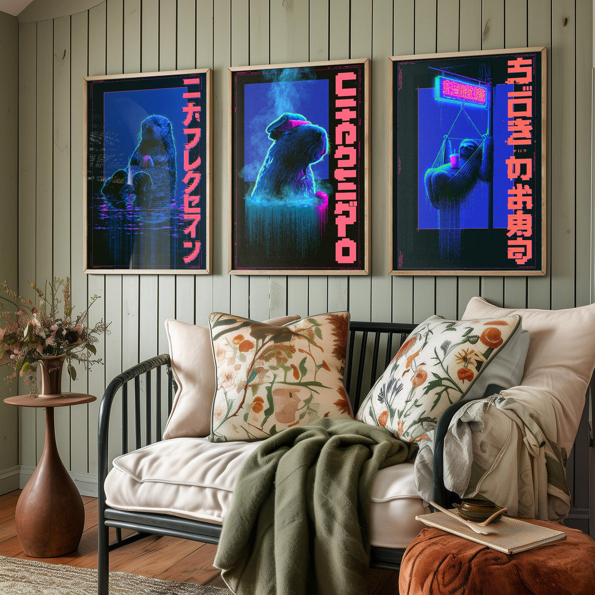 Cyberpunk Lazy Animals Set of Three Art Prints - Sea Otter, Capybara and Sloth in Neon Tokyo - Japanese Synthwave Poster Illustrations V2