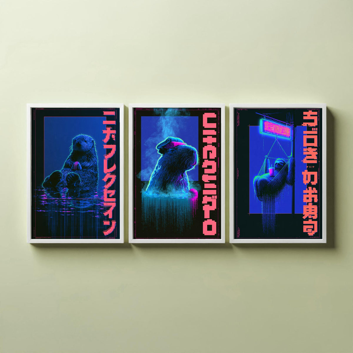 Cyberpunk Lazy Animals Set of Three Art Prints - Sea Otter, Capybara and Sloth in Neon Tokyo - Japanese Synthwave Poster Illustrations V2