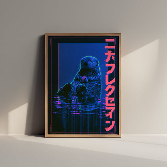Sea Otter Floating Art Print - Cyberpunk Neon Tokyo Poster - Japanese Night City Illustration - Lazy Animals