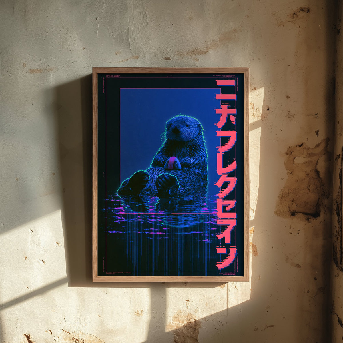 Sea Otter Floating Art Print - Cyberpunk Neon Tokyo Poster - Japanese Night City Illustration - Lazy Animals