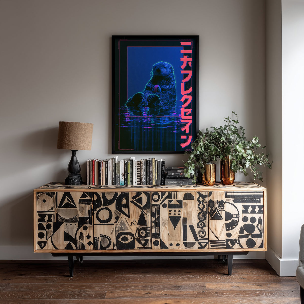 Sea Otter Floating Art Print - Cyberpunk Neon Tokyo Poster - Japanese Night City Illustration - Lazy Animals