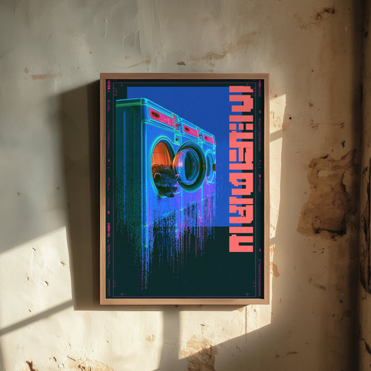 Tanuki in a Laundrette Art Print - Cyberpunk Neon Tokyo Poster - Japanese Night City Illustration - Lazy Animals