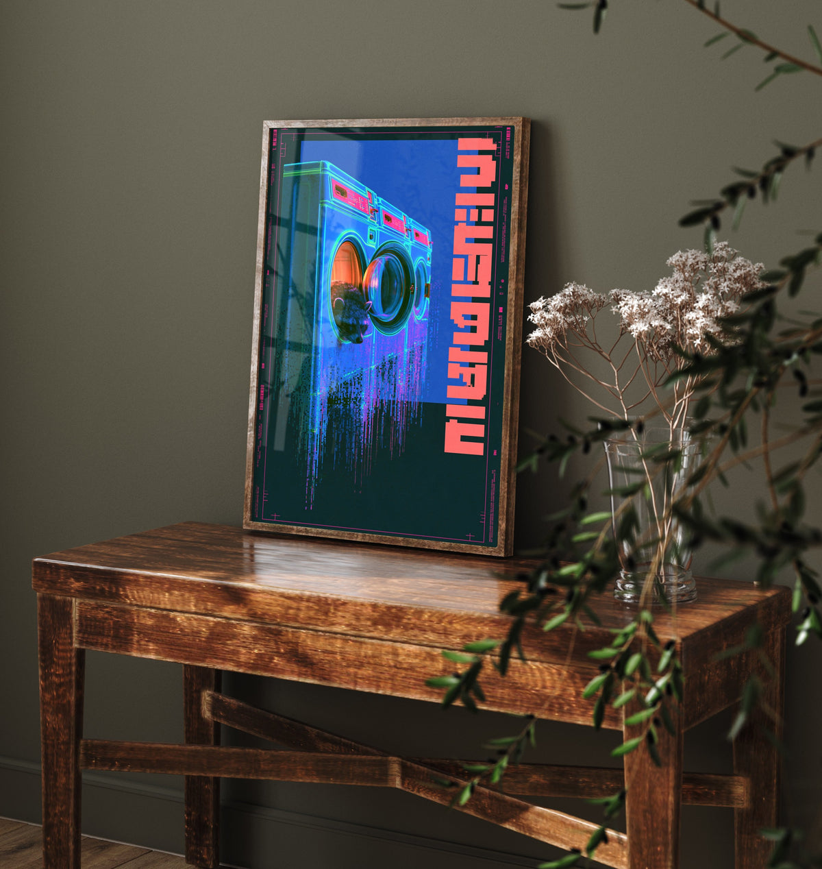 Tanuki in a Laundrette Art Print - Cyberpunk Neon Tokyo Poster - Japanese Night City Illustration - Lazy Animals