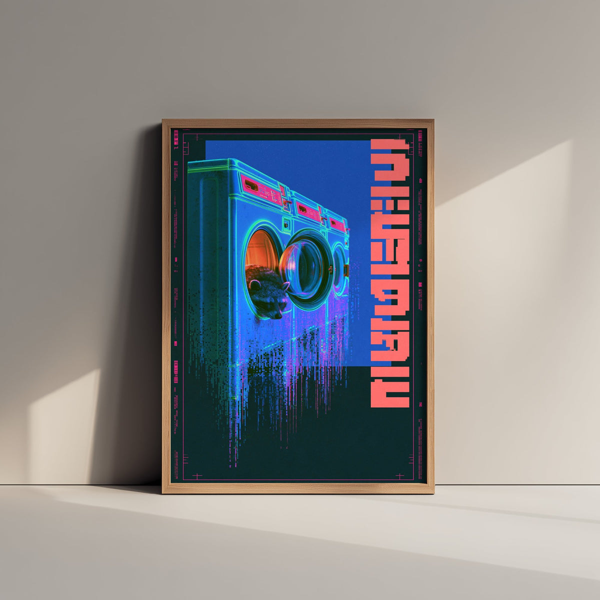 Tanuki in a Laundrette Art Print - Cyberpunk Neon Tokyo Poster - Japanese Night City Illustration - Lazy Animals