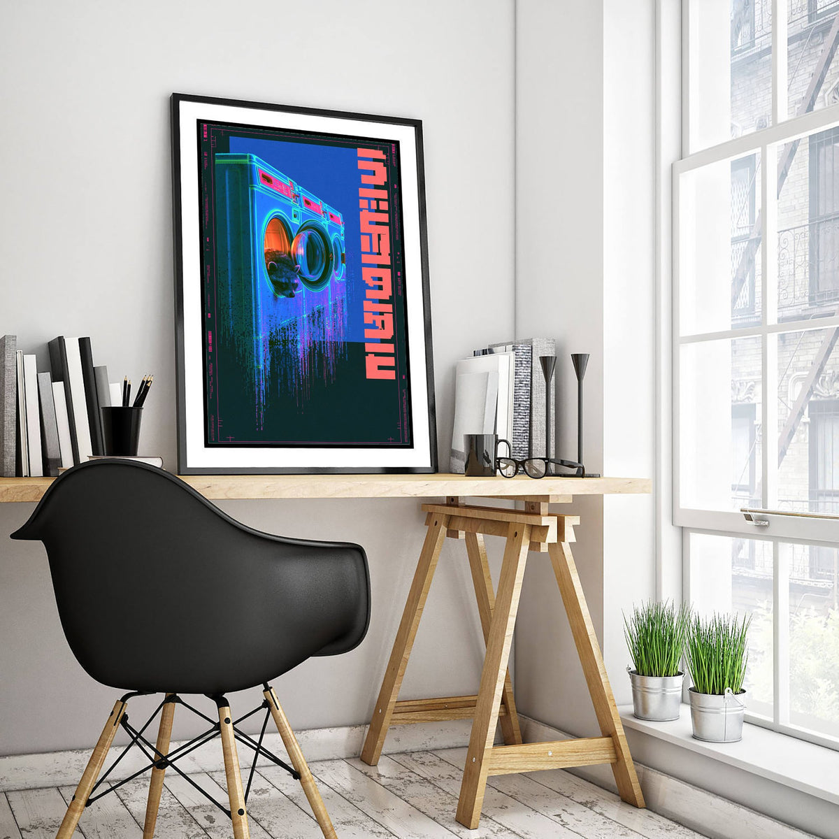 Tanuki in a Laundrette Art Print - Cyberpunk Neon Tokyo Poster - Japanese Night City Illustration - Lazy Animals