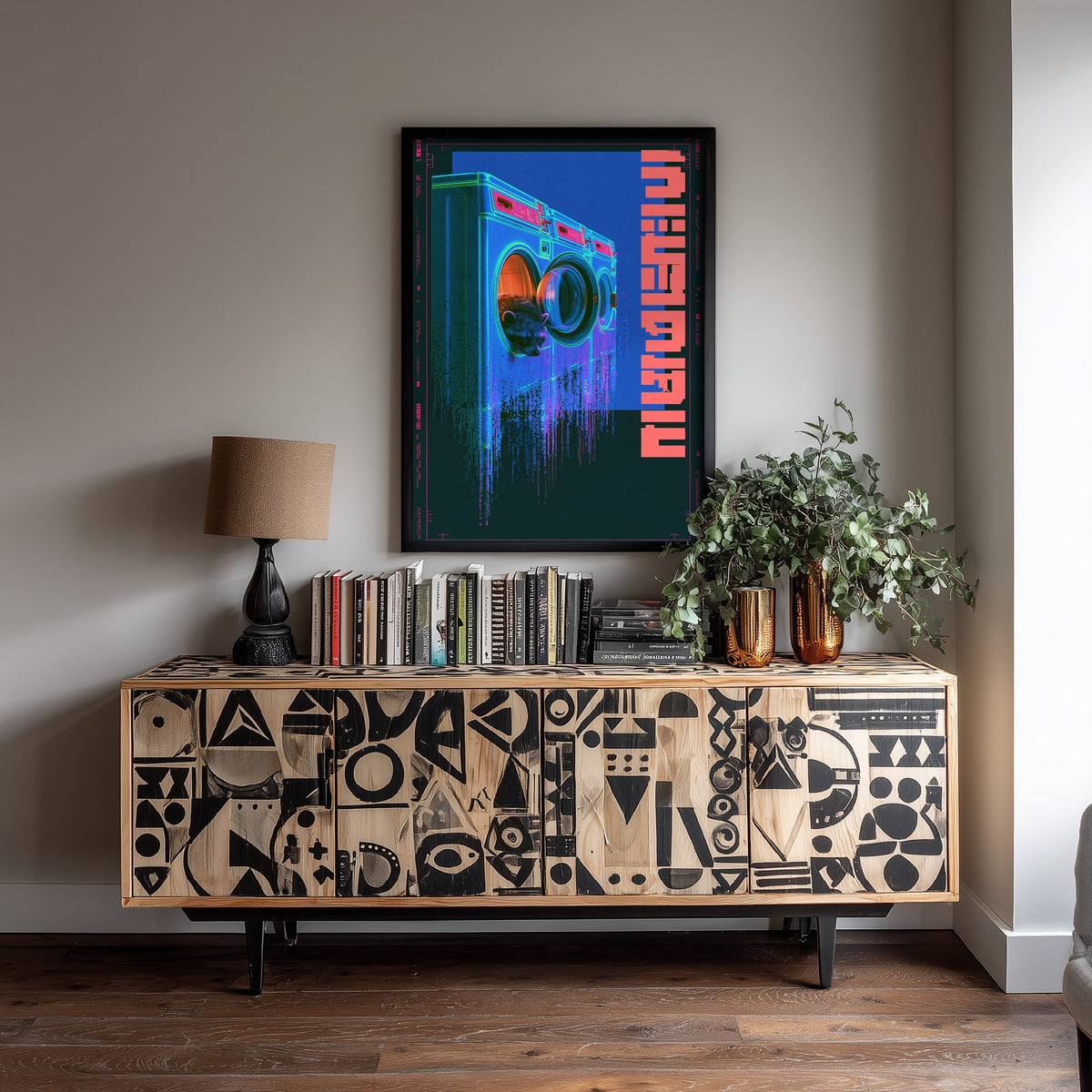 Tanuki in a Laundrette Art Print - Cyberpunk Neon Tokyo Poster - Japanese Night City Illustration - Lazy Animals