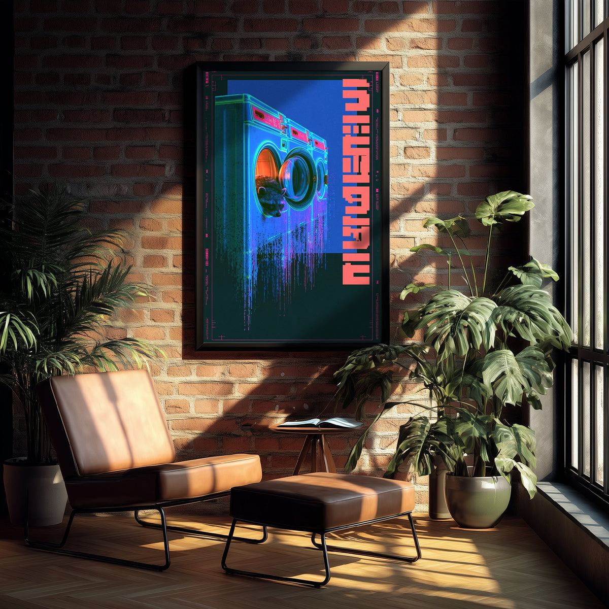 Tanuki in a Laundrette Art Print - Cyberpunk Neon Tokyo Poster - Japanese Night City Illustration - Lazy Animals