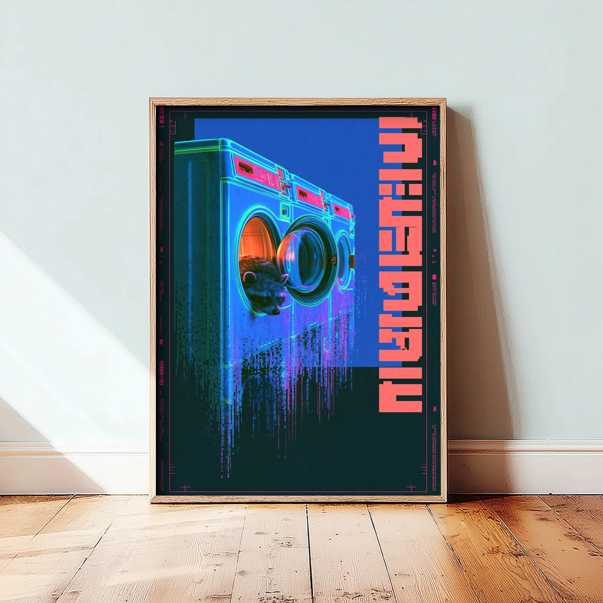 Tanuki in a Laundrette Art Print - Cyberpunk Neon Tokyo Poster - Japanese Night City Illustration - Lazy Animals