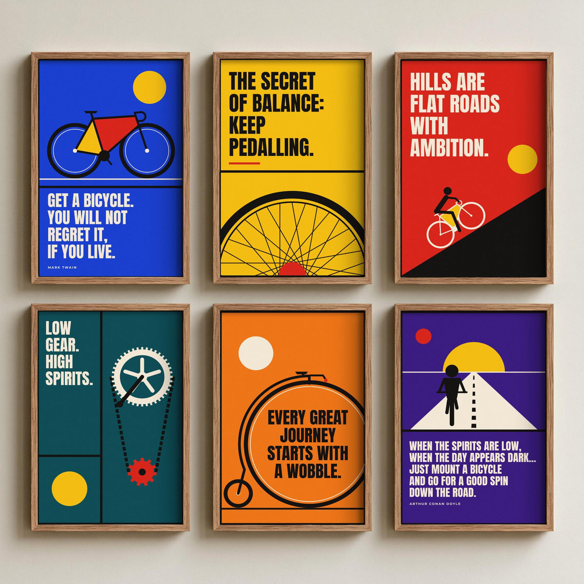Set of Six Cycling Quote Art Prints - 6 Bauhaus Bicycle Posters - Minimalist Sport Illustration - Road Bike, Penny Farthing