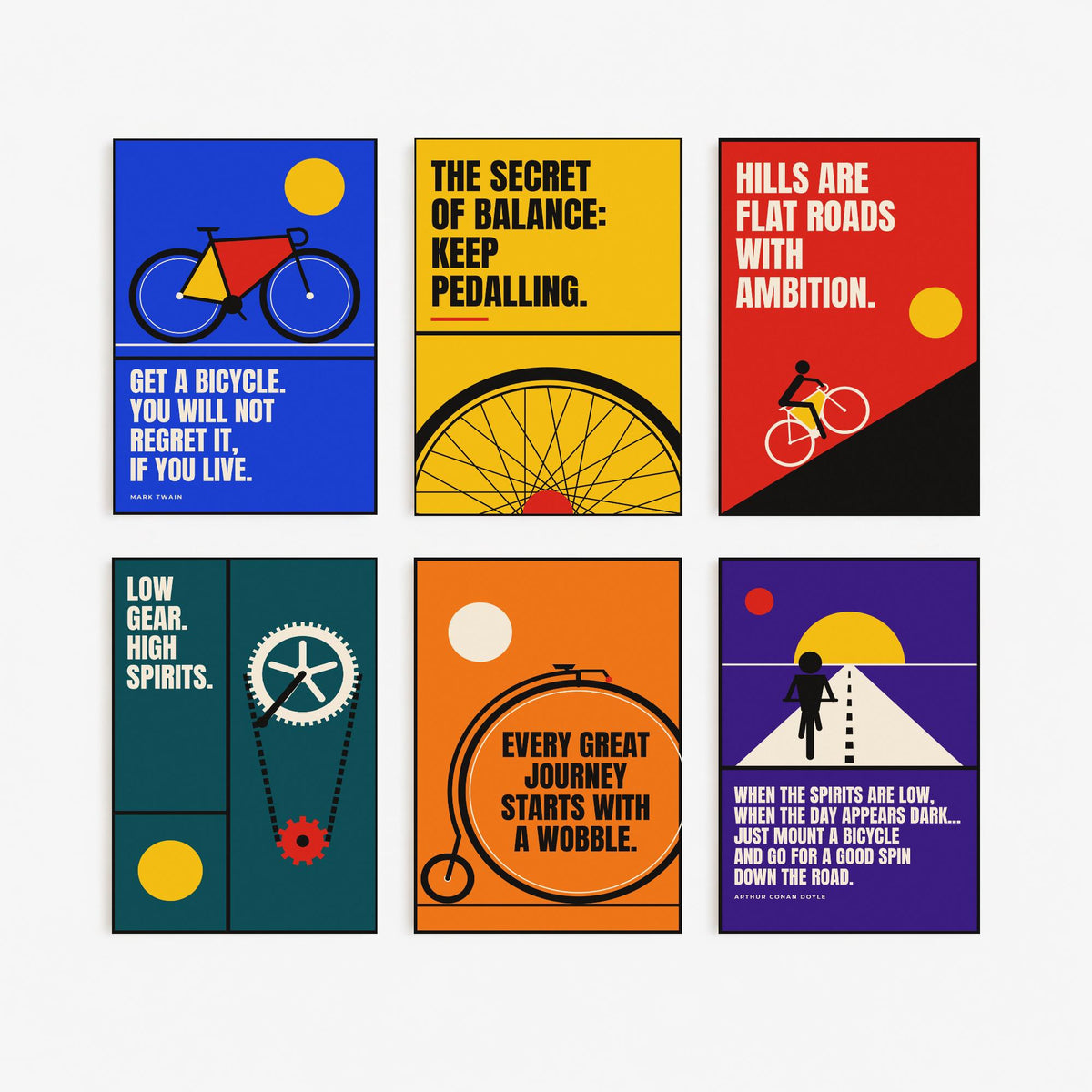 Set of Six Cycling Quote Art Prints - 6 Bauhaus Bicycle Posters - Minimalist Sport Illustration - Road Bike, Penny Farthing