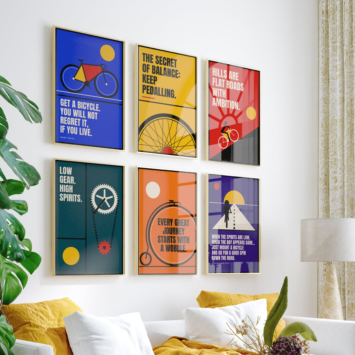 Set of Six Cycling Quote Art Prints - 6 Bauhaus Bicycle Posters - Minimalist Sport Illustration - Road Bike, Penny Farthing