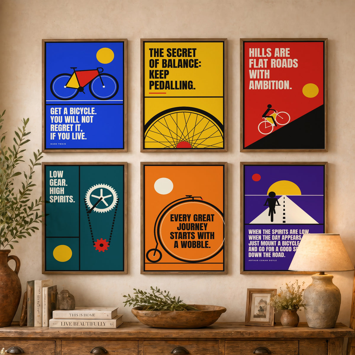 Set of Six Cycling Quote Art Prints - 6 Bauhaus Bicycle Posters - Minimalist Sport Illustration - Road Bike, Penny Farthing