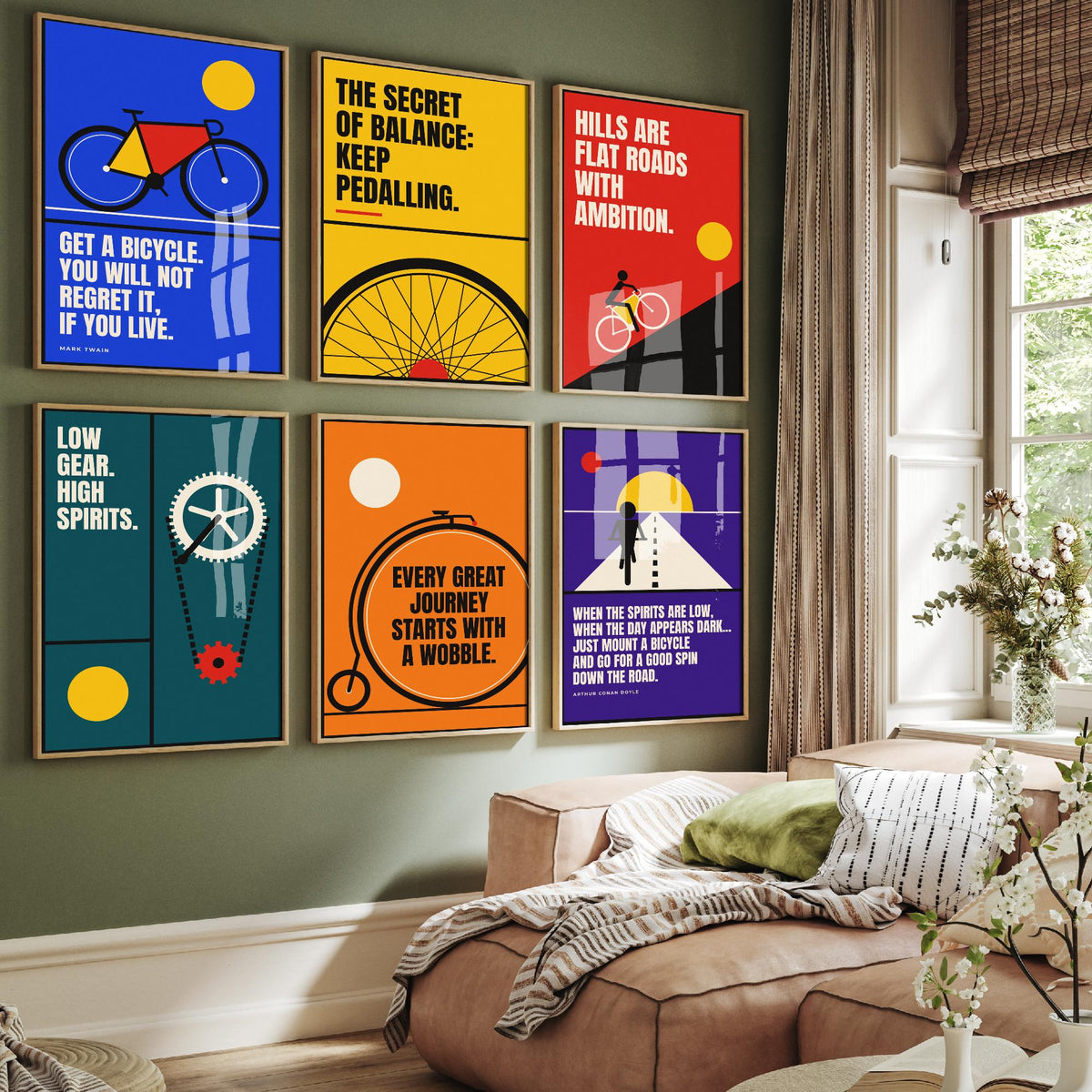Set of Six Cycling Quote Art Prints - 6 Bauhaus Bicycle Posters - Minimalist Sport Illustration - Road Bike, Penny Farthing