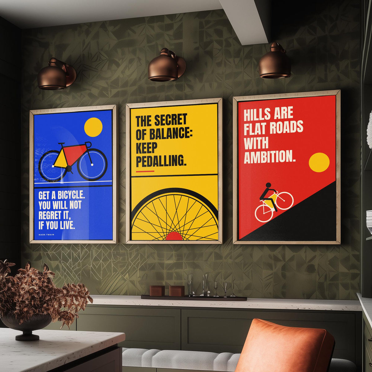 Cycling Quotes Set of Three Art Prints - 3 Bauhaus Bicycle Posters - Minimalist Sport Wall Art Illustration V1