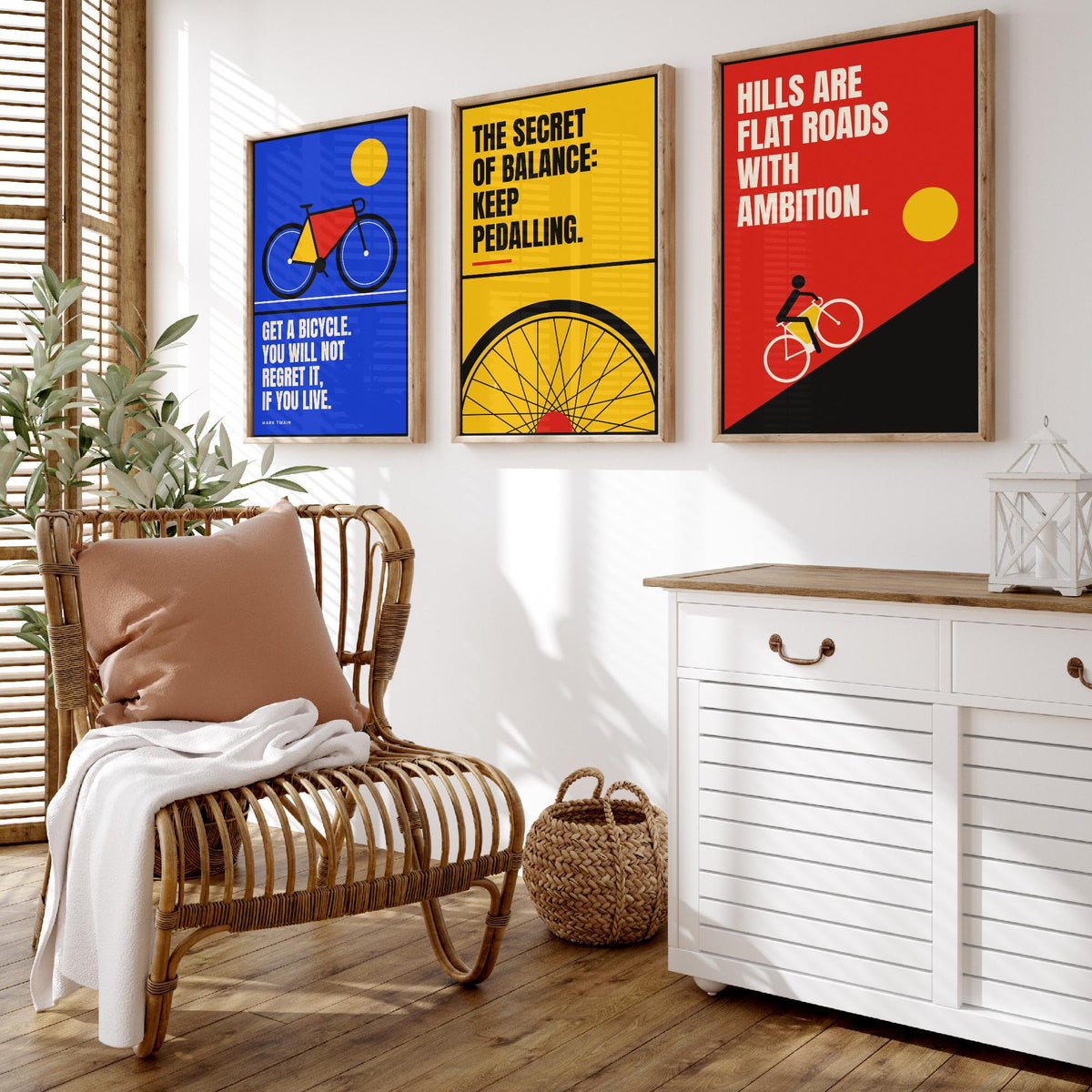 Cycling Quotes Set of Three Art Prints - 3 Bauhaus Bicycle Posters - Minimalist Sport Wall Art Illustration V1
