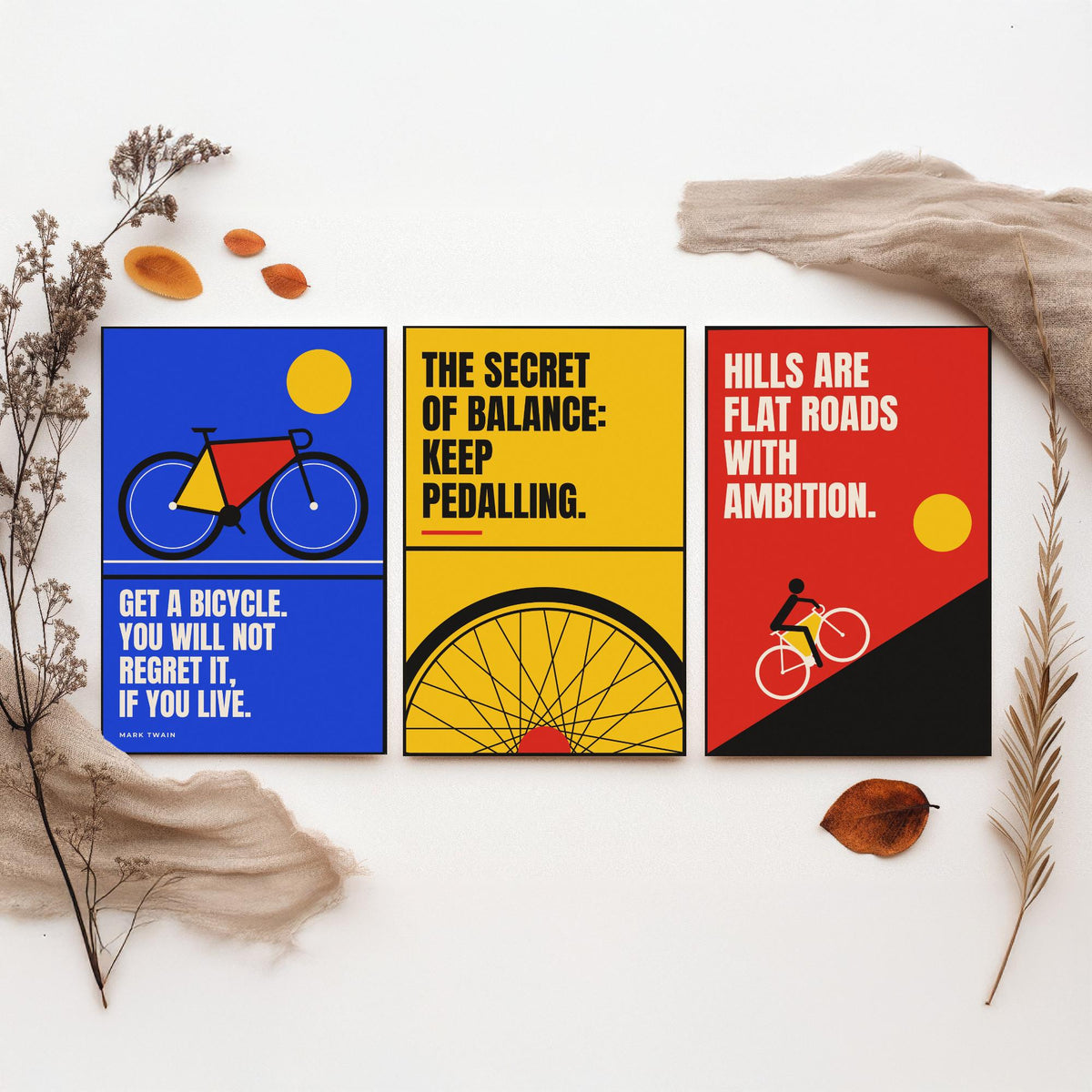 Cycling Quotes Set of Three Art Prints - 3 Bauhaus Bicycle Posters - Minimalist Sport Wall Art Illustration V1