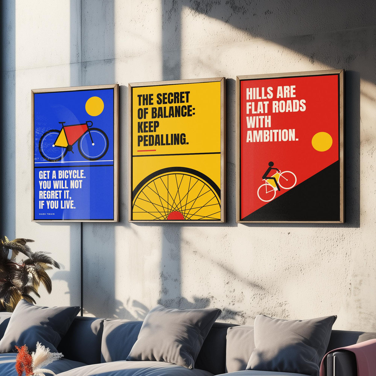 Cycling Quotes Set of Three Art Prints - 3 Bauhaus Bicycle Posters - Minimalist Sport Wall Art Illustration V1
