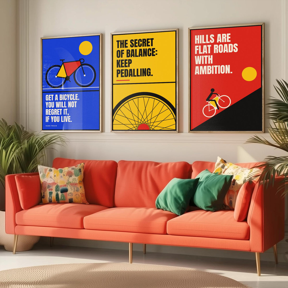 Cycling Quotes Set of Three Art Prints - 3 Bauhaus Bicycle Posters - Minimalist Sport Wall Art Illustration V1