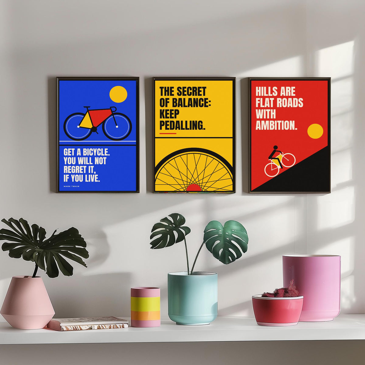 Cycling Quotes Set of Three Art Prints - 3 Bauhaus Bicycle Posters - Minimalist Sport Wall Art Illustration V1