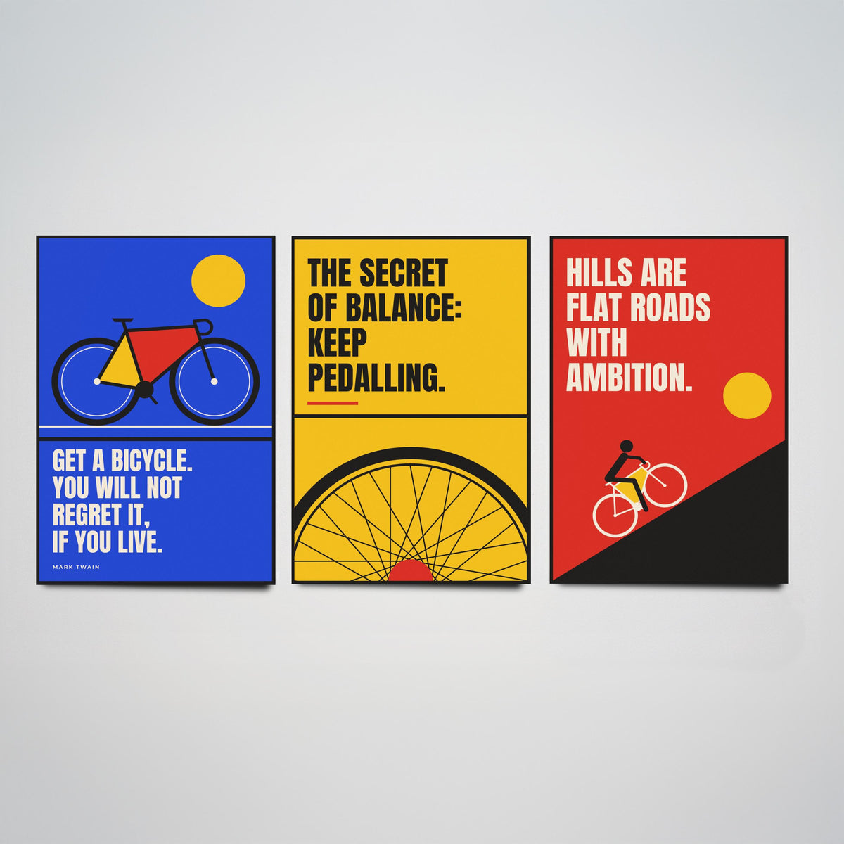 Cycling Quotes Set of Three Art Prints - 3 Bauhaus Bicycle Posters - Minimalist Sport Wall Art Illustration V1