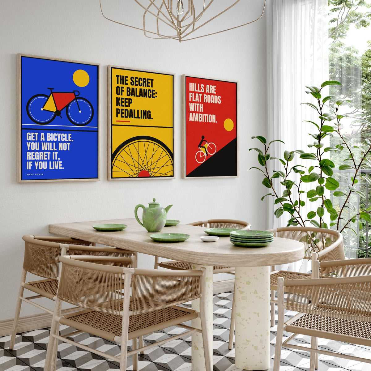 Cycling Quotes Set of Three Art Prints - 3 Bauhaus Bicycle Posters - Minimalist Sport Wall Art Illustration V1