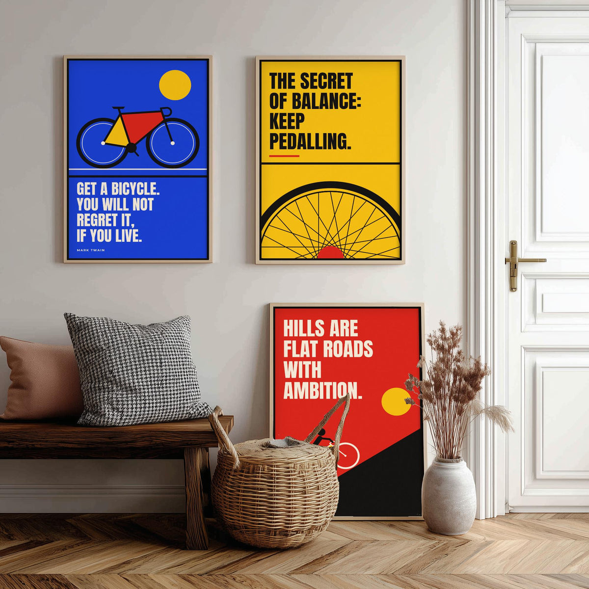 Cycling Quotes Set of Three Art Prints - 3 Bauhaus Bicycle Posters - Minimalist Sport Wall Art Illustration V1
