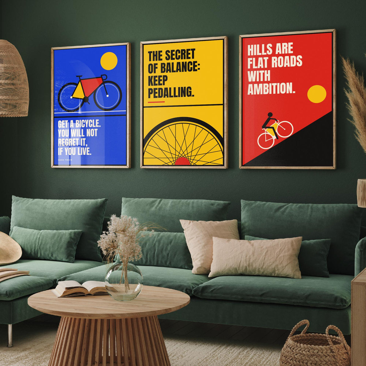 Cycling Quotes Set of Three Art Prints - 3 Bauhaus Bicycle Posters - Minimalist Sport Wall Art Illustration V1