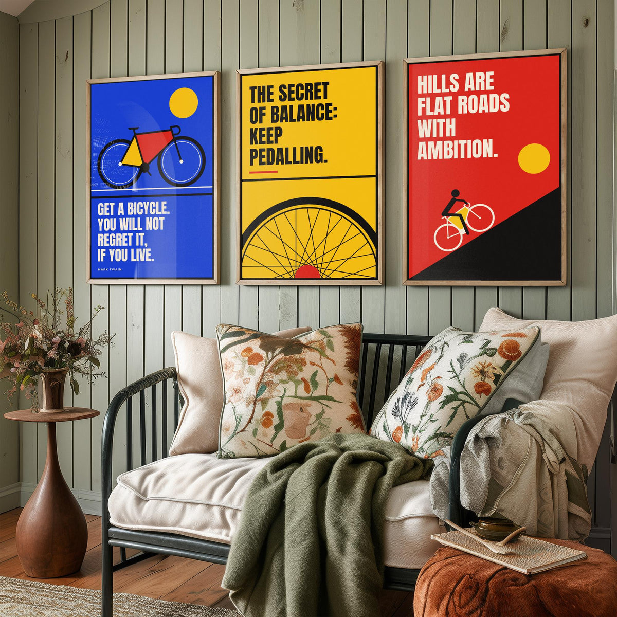 Cycling Quotes Set of Three Art Prints - 3 Bauhaus Bicycle Posters - Minimalist Sport Wall Art Illustration V1