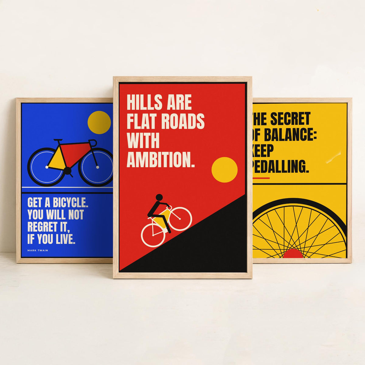 Cycling Quotes Set of Three Art Prints - 3 Bauhaus Bicycle Posters - Minimalist Sport Wall Art Illustration V1