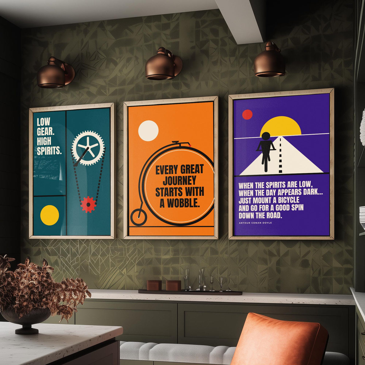 Cycling Quotes Set of Three Art Prints - 3 Retro Bauhaus Bicycle Posters - Minimalist Sport Wall Art Illustration V2