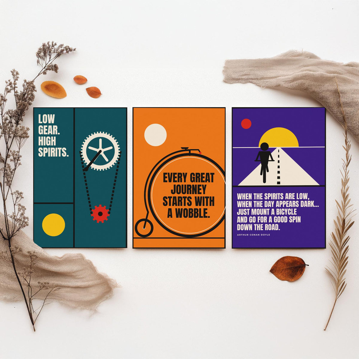Cycling Quotes Set of Three Art Prints - 3 Retro Bauhaus Bicycle Posters - Minimalist Sport Wall Art Illustration V2