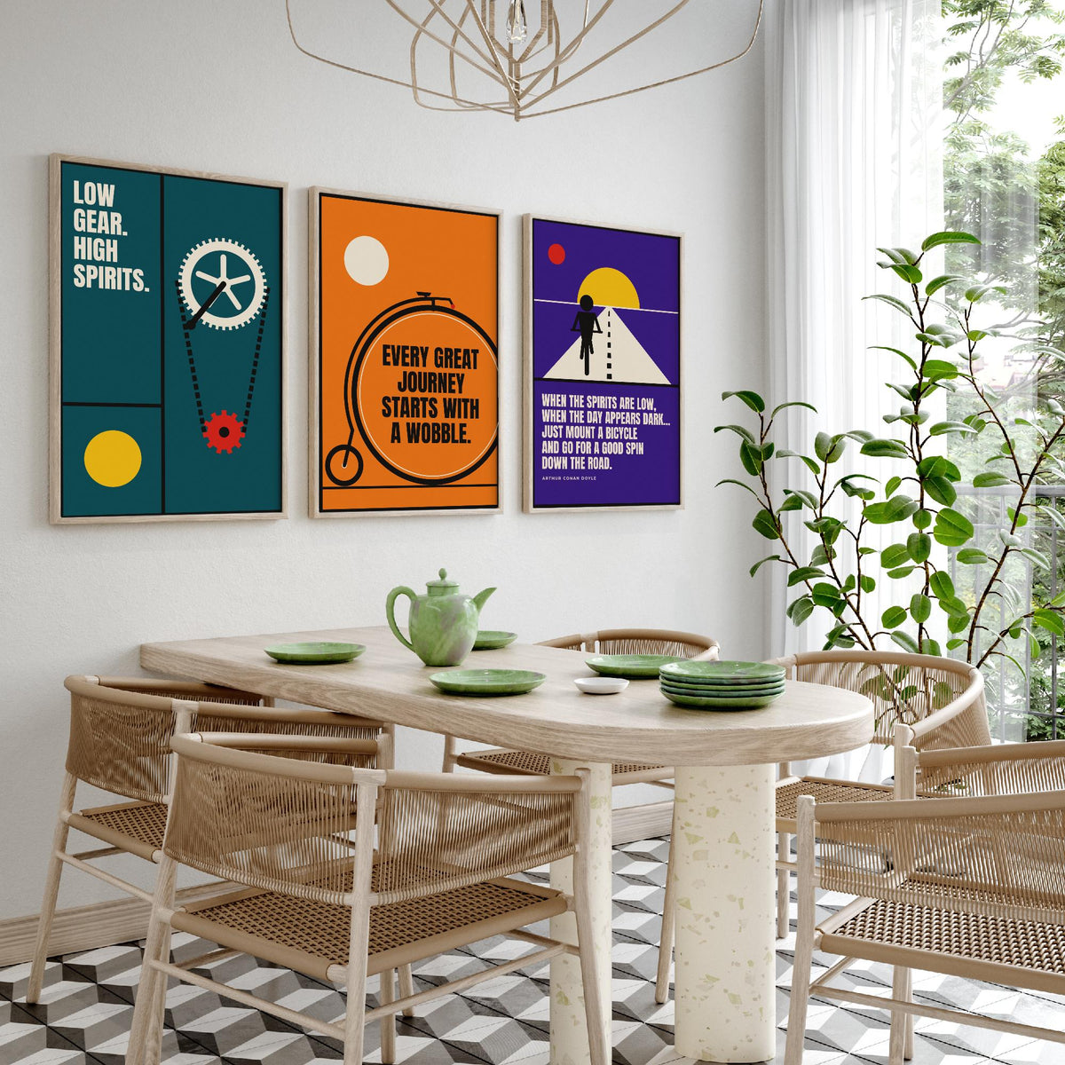 Cycling Quotes Set of Three Art Prints - 3 Retro Bauhaus Bicycle Posters - Minimalist Sport Wall Art Illustration V2