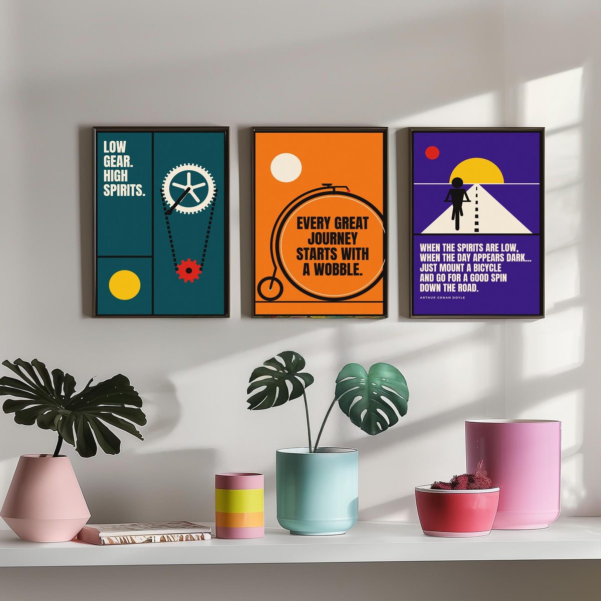 Cycling Quotes Set of Three Art Prints - 3 Retro Bauhaus Bicycle Posters - Minimalist Sport Wall Art Illustration V2