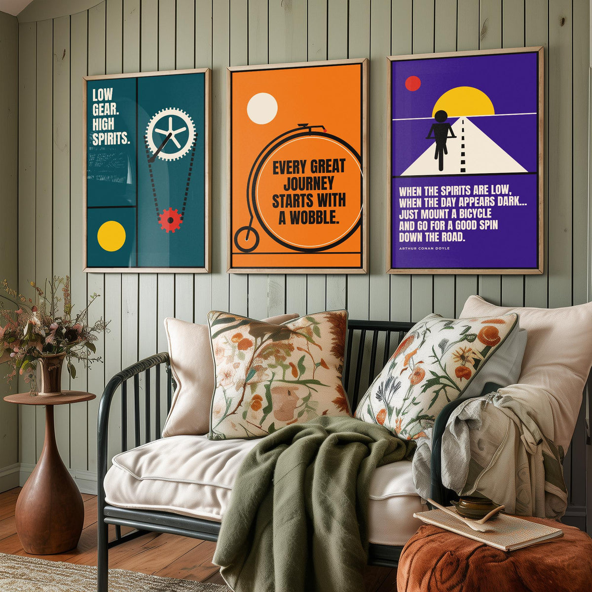 Cycling Quotes Set of Three Art Prints - 3 Retro Bauhaus Bicycle Posters - Minimalist Sport Wall Art Illustration V2