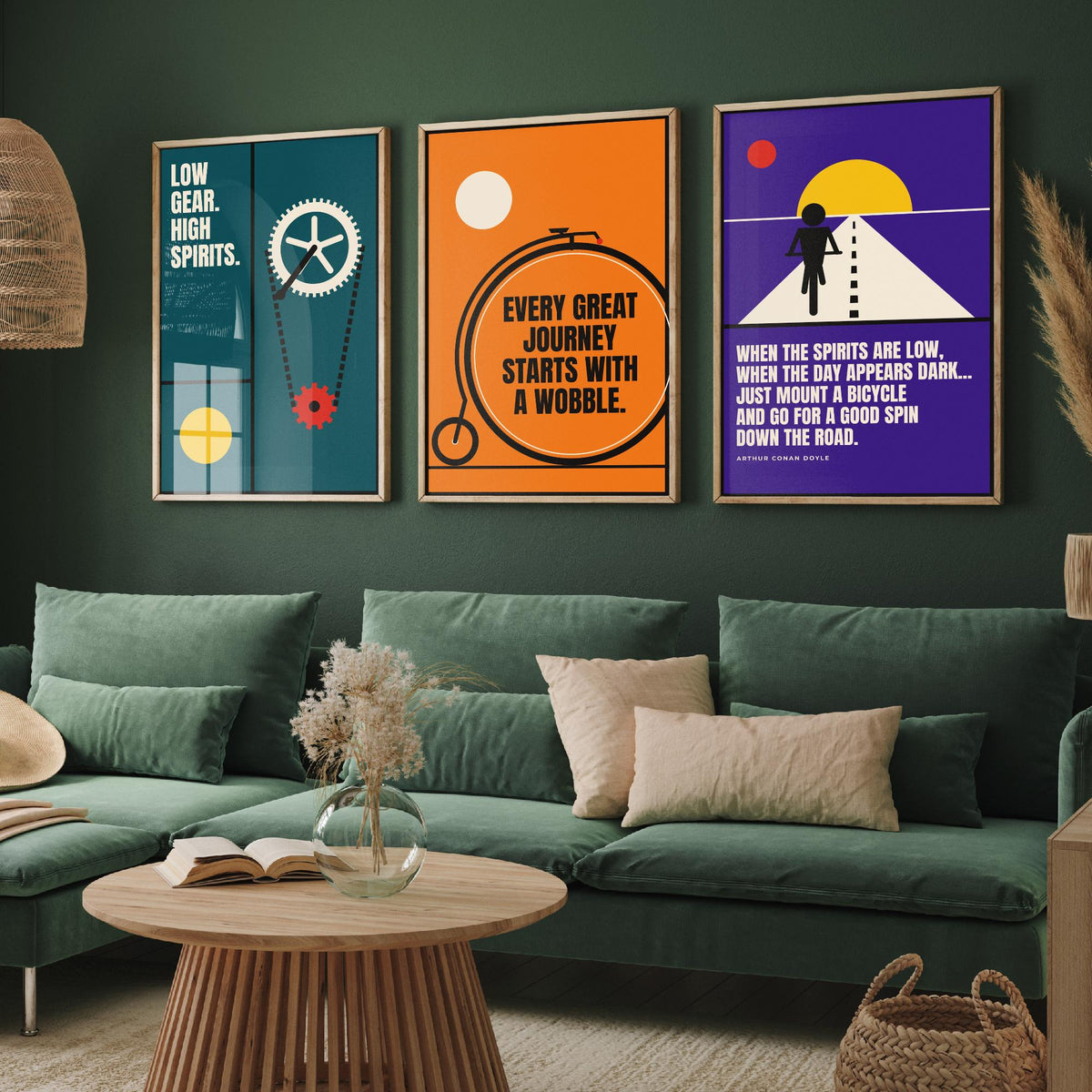 Cycling Quotes Set of Three Art Prints - 3 Retro Bauhaus Bicycle Posters - Minimalist Sport Wall Art Illustration V2