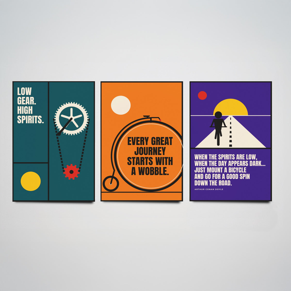 Cycling Quotes Set of Three Art Prints - 3 Retro Bauhaus Bicycle Posters - Minimalist Sport Wall Art Illustration V2