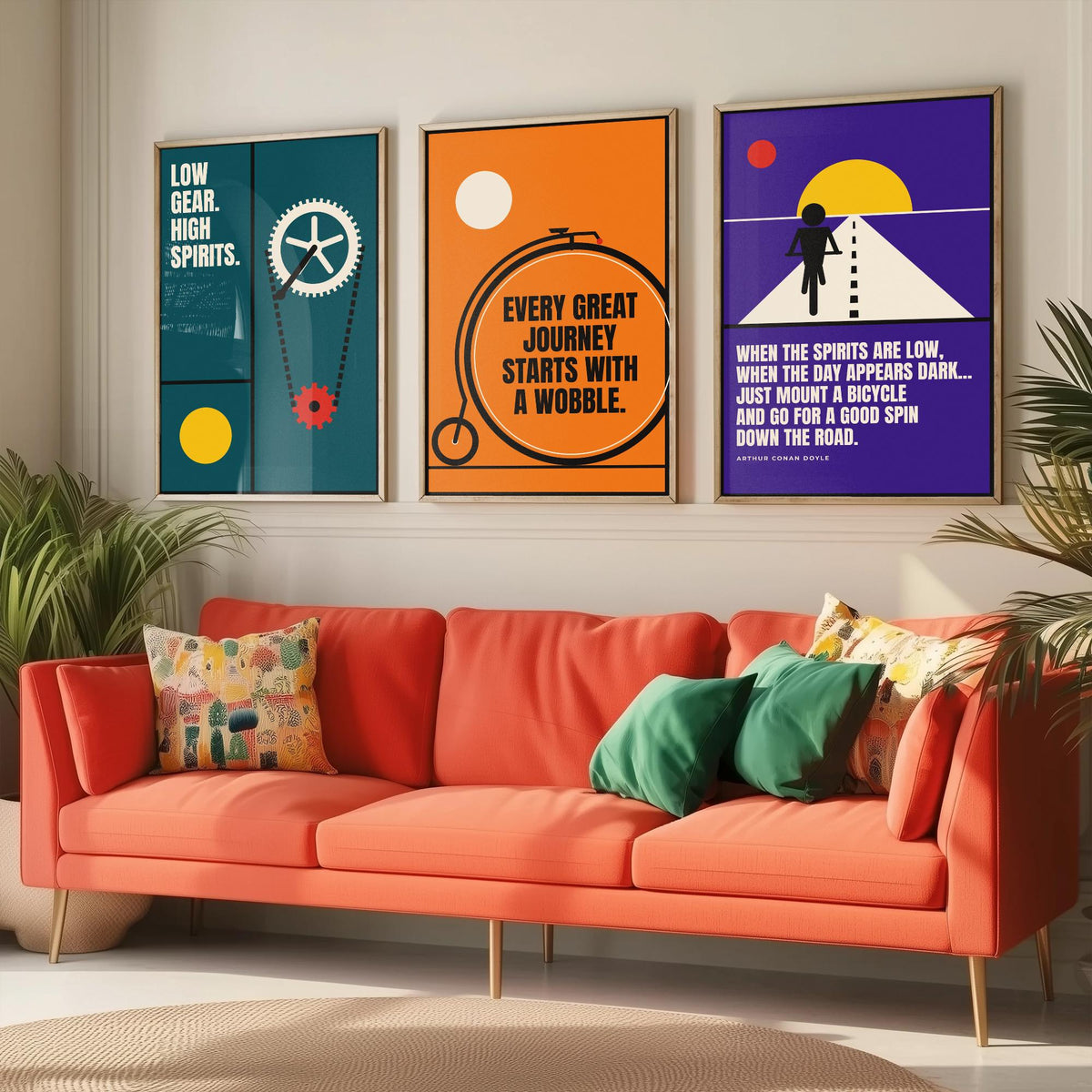 Cycling Quotes Set of Three Art Prints - 3 Retro Bauhaus Bicycle Posters - Minimalist Sport Wall Art Illustration V2