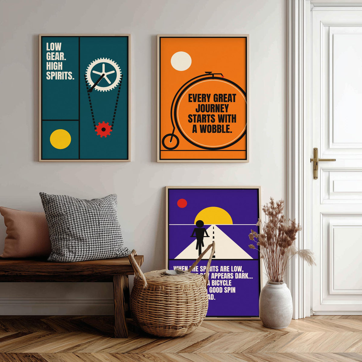 Cycling Quotes Set of Three Art Prints - 3 Retro Bauhaus Bicycle Posters - Minimalist Sport Wall Art Illustration V2