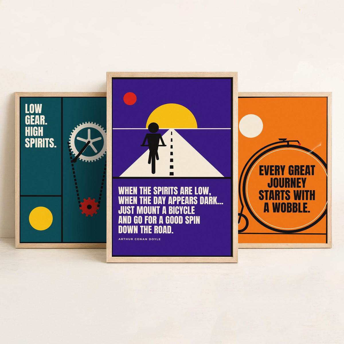 Cycling Quotes Set of Three Art Prints - 3 Retro Bauhaus Bicycle Posters - Minimalist Sport Wall Art Illustration V2