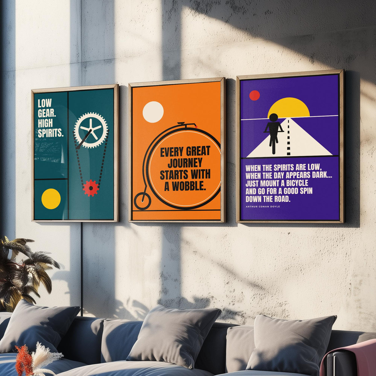 Cycling Quotes Set of Three Art Prints - 3 Retro Bauhaus Bicycle Posters - Minimalist Sport Wall Art Illustration V2