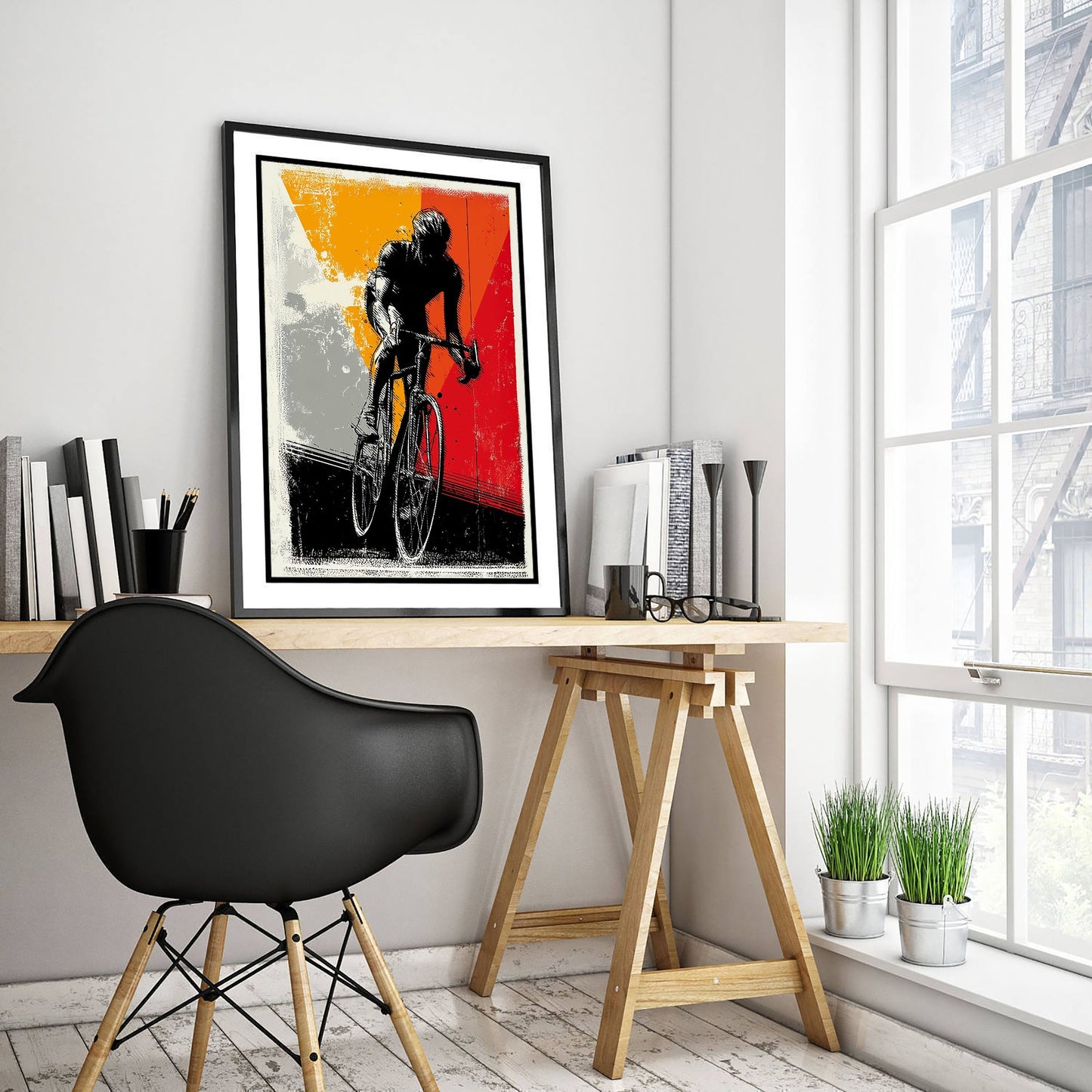 Cyclist Block Print Poster - Road Cycling Art Print - Bold Graphic Illustration - Red Orange Grey 1/3
