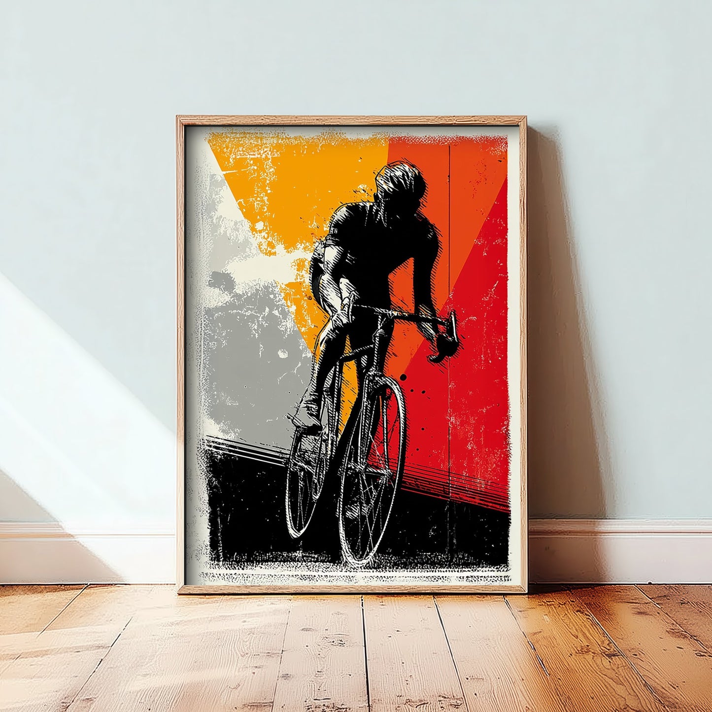 Cyclist Block Print Poster - Road Cycling Art Print - Bold Graphic Illustration - Red Orange Grey 1/3