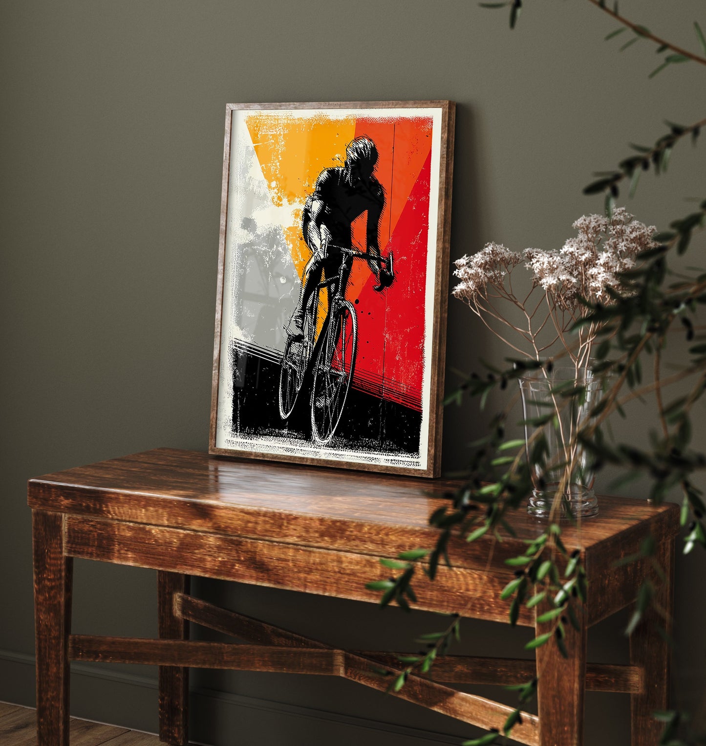Cyclist Block Print Poster - Road Cycling Art Print - Bold Graphic Illustration - Red Orange Grey 1/3